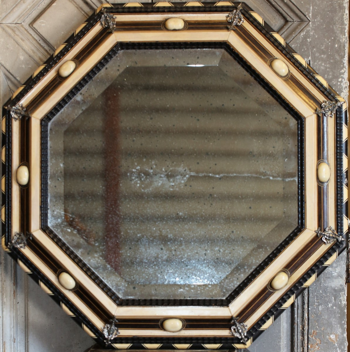 Renaissance Style Hexagonal Mirror In Ebony And Bone, Silvered Bronze Application