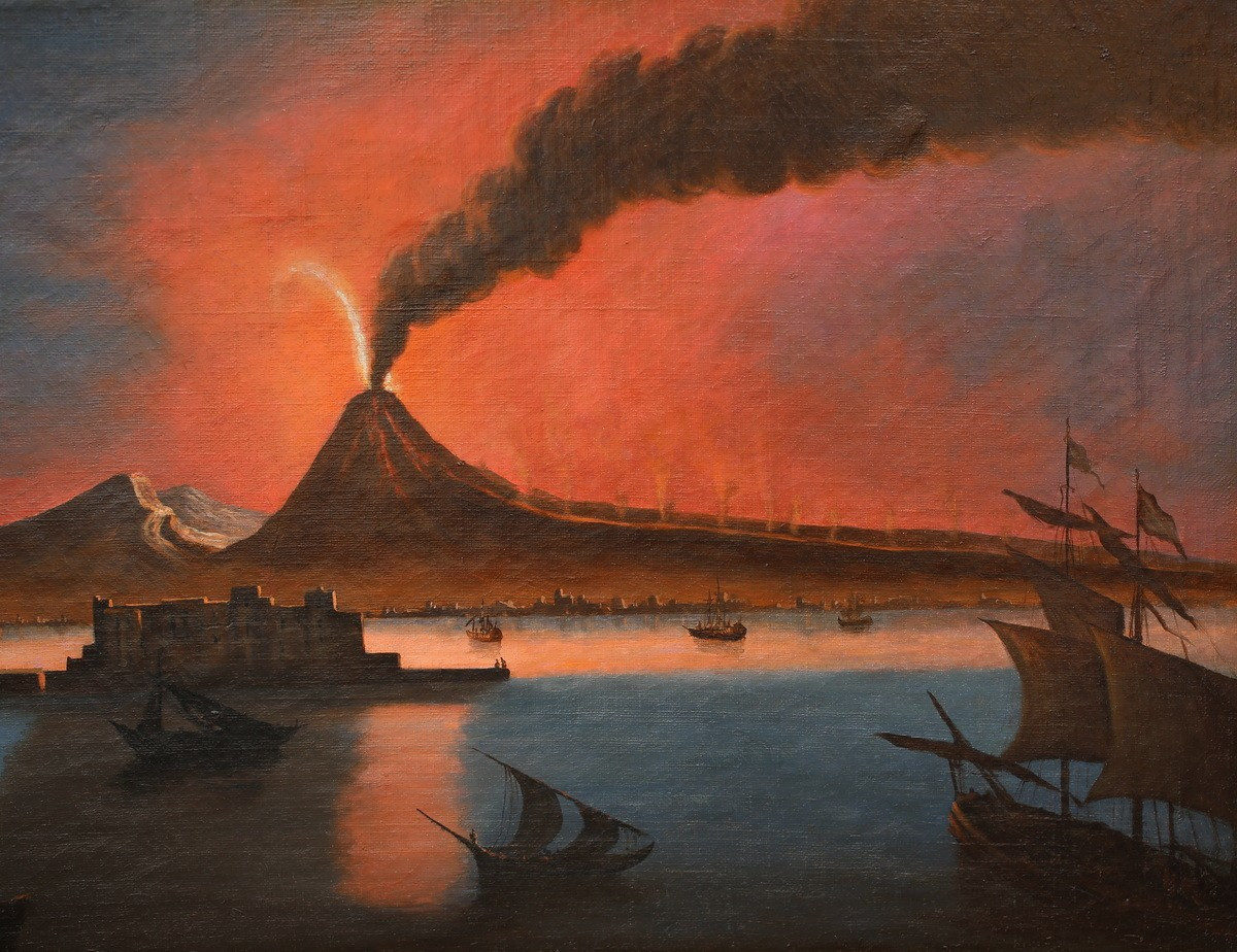 19th Century Italian School, Vesuvius In Eruption And The Bay Of Naples, Oil On Canvas.-photo-4
