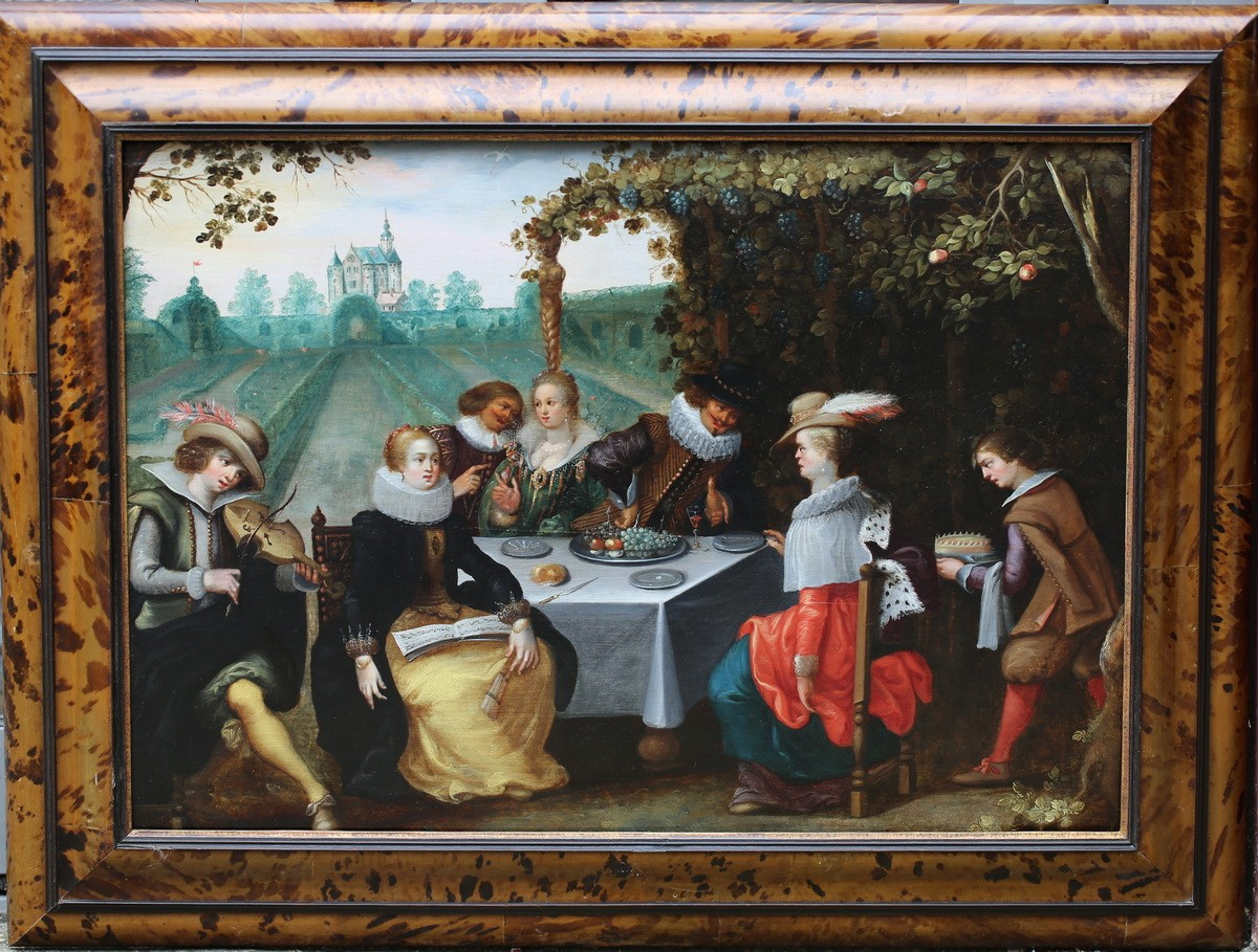 Louis De Caullery 1565-1622, Attributed To, Lunch In The Garden, Oil On Panel.