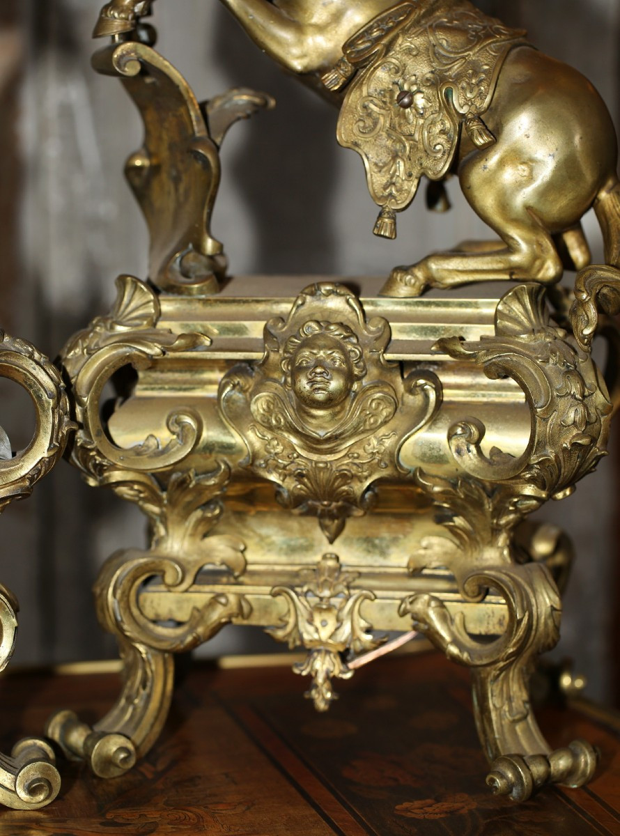 Pair Of Gilt Bronze Lights, Rearing Horses, Regency Style, Late 19th Century.-photo-3