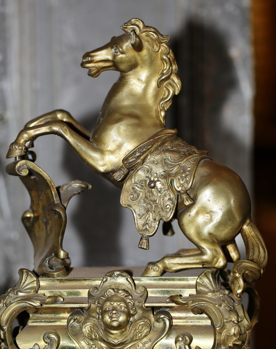 Pair Of Gilt Bronze Lights, Rearing Horses, Regency Style, Late 19th Century.-photo-4