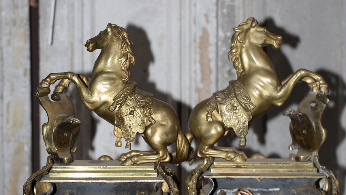Pair Of Gilt Bronze Lights, Rearing Horses, Regency Style, Late 19th Century.-photo-1