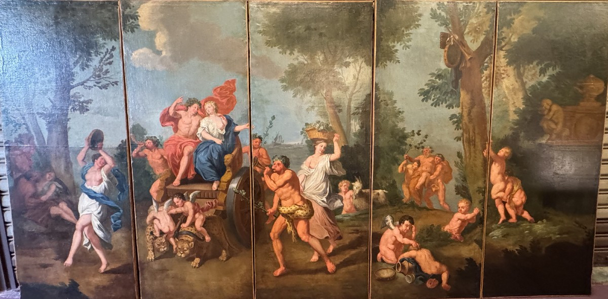 Important 5-leaf Screen From The French School, Late 17th Century, The Triumph Of Bacchus And Ariadne.-photo-2