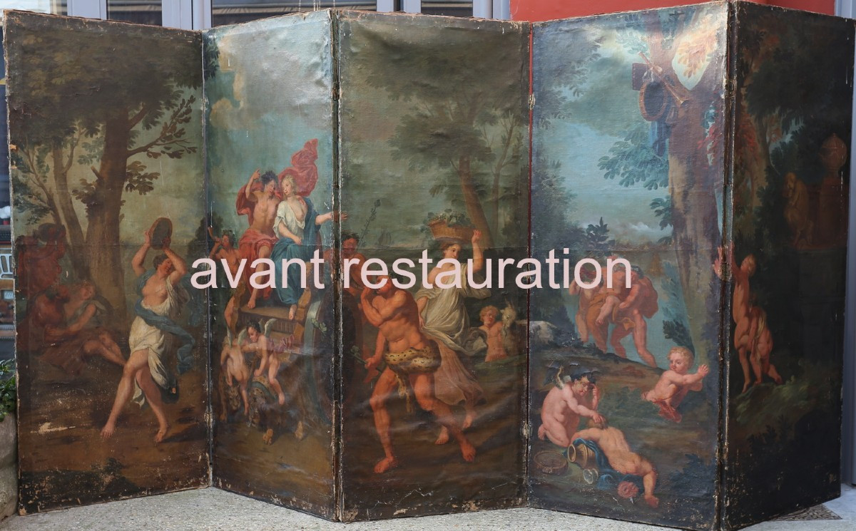 Important 5-leaf Screen From The French School, Late 17th Century, The Triumph Of Bacchus And Ariadne.-photo-3