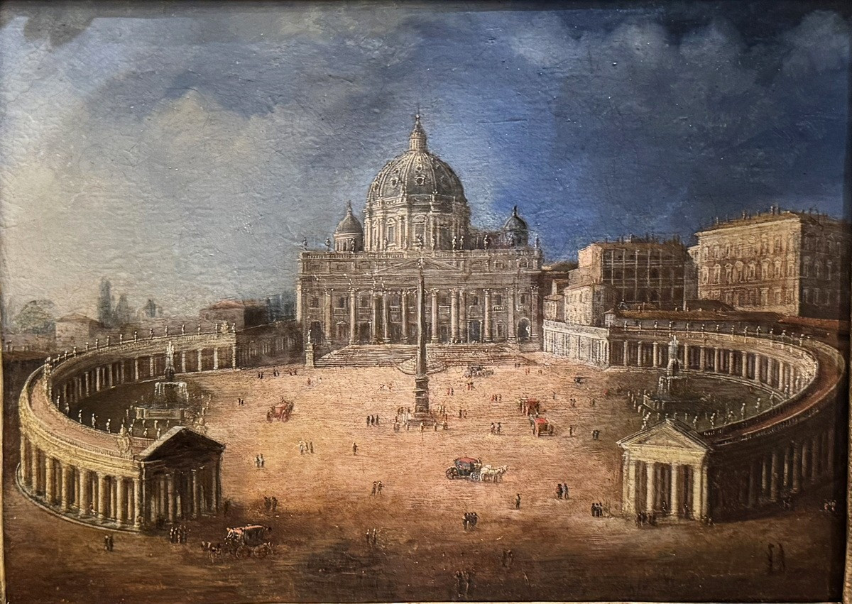 Ecole étrangère du XVIIIème , Saint Pierre de Rome,  huile sur toile, cadre d'époque.-photo-2