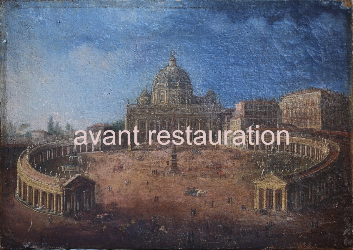 Ecole étrangère du XVIIIème , Saint Pierre de Rome,  huile sur toile, cadre d'époque.-photo-1