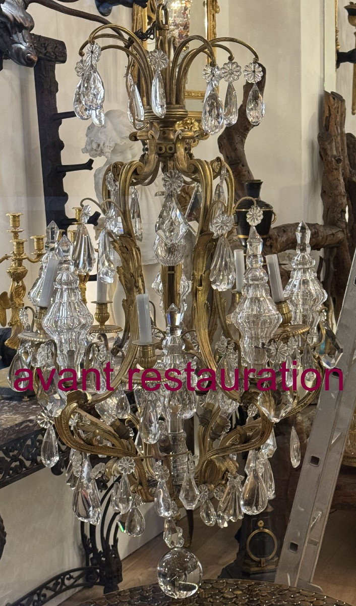 Lustre cage de style Louis XV attribué à Henri VIAN, bronze dorés ciselés et cristaux.-photo-3