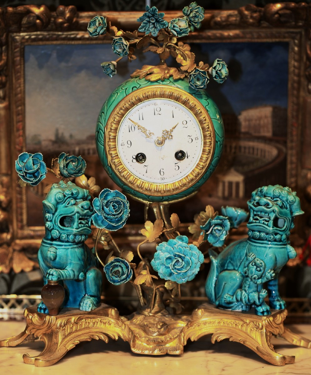 Garniture 3 pièces style Louis XV Rococo porcelaine bleu turquoise et bronze doré.-photo-2