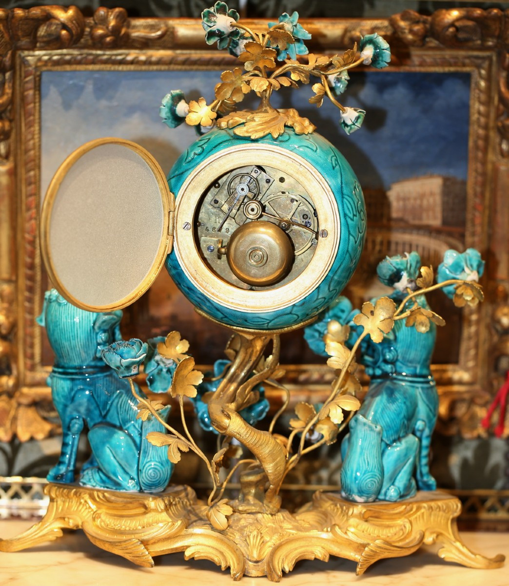 Garniture 3 pièces style Louis XV Rococo porcelaine bleu turquoise et bronze doré.-photo-3