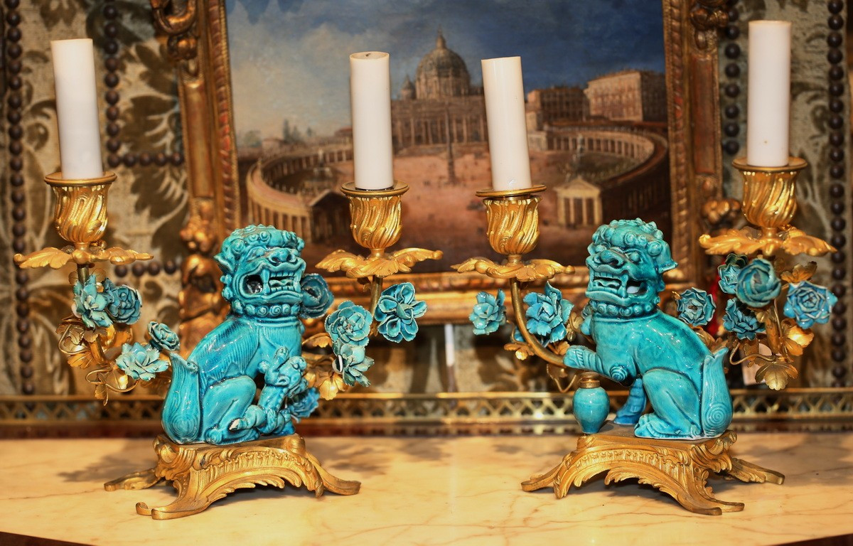 Garniture 3 pièces style Louis XV Rococo porcelaine bleu turquoise et bronze doré.-photo-4