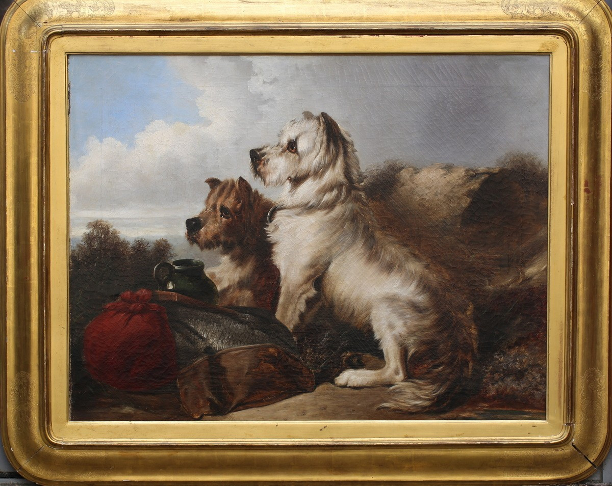 William Walker MORRIS 1832-1871 attribué à, deux terriers dans un paysage des Highlands.