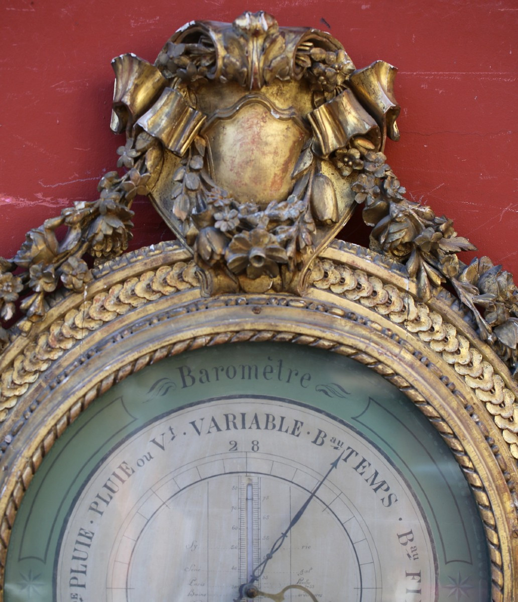 Baromètre thermomètre modèle de Réaumur,en bois doré richement sculpté,époque Louis XVI-photo-2