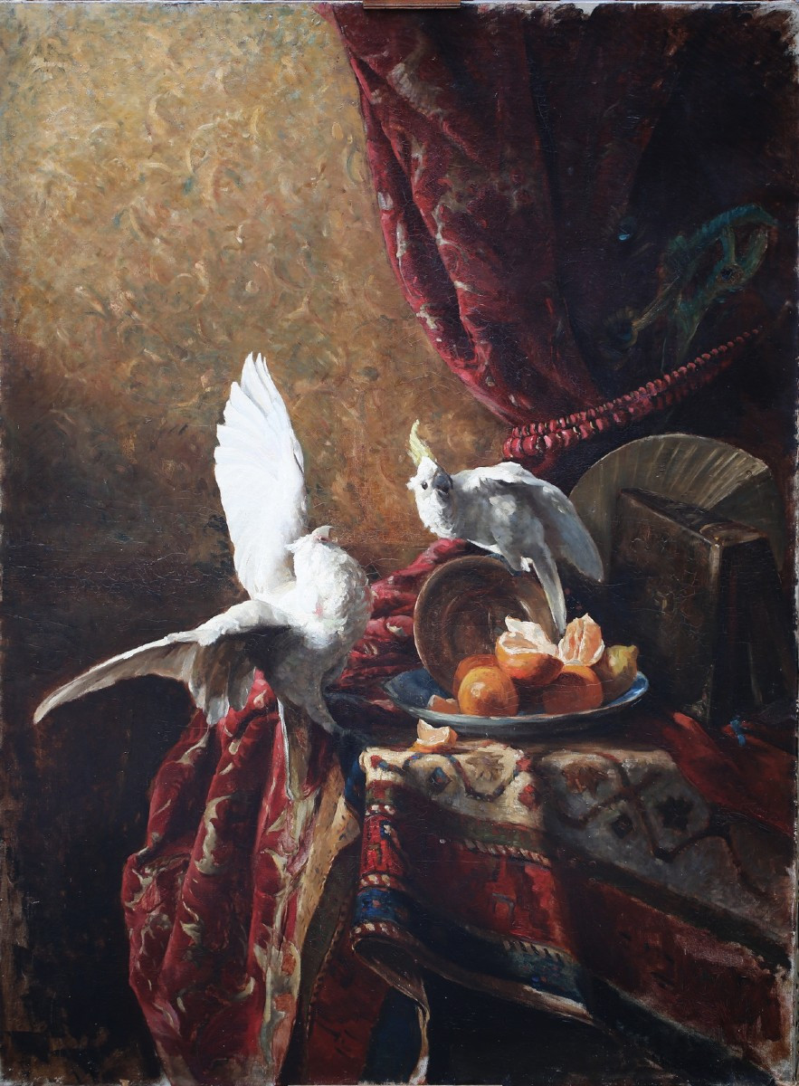 Maurice LE LIEVRE 1848-1897, nature morte aux fruits tapis et cacatoes.-photo-2