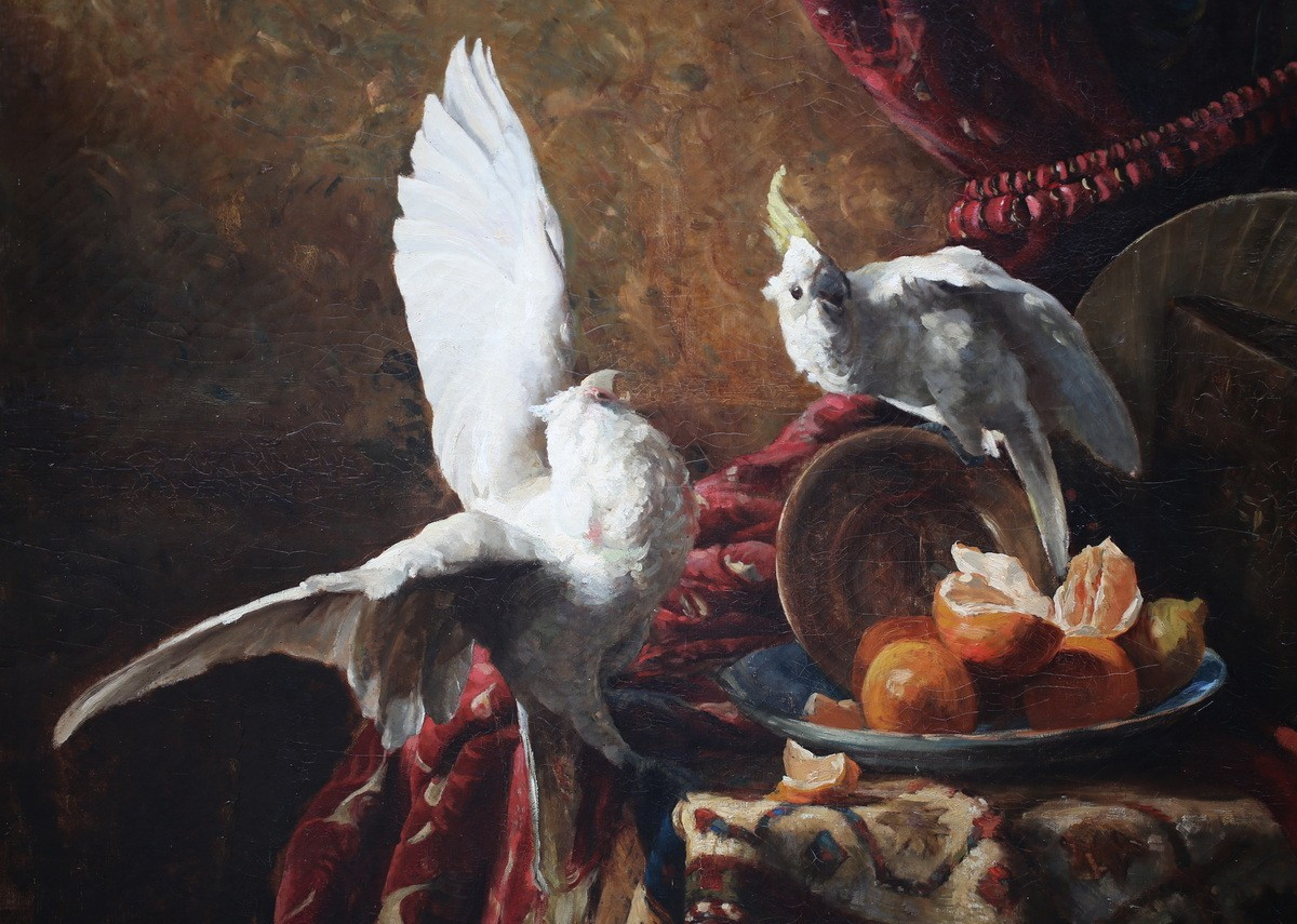 Maurice LE LIEVRE 1848-1897, nature morte aux fruits tapis et cacatoes.-photo-3