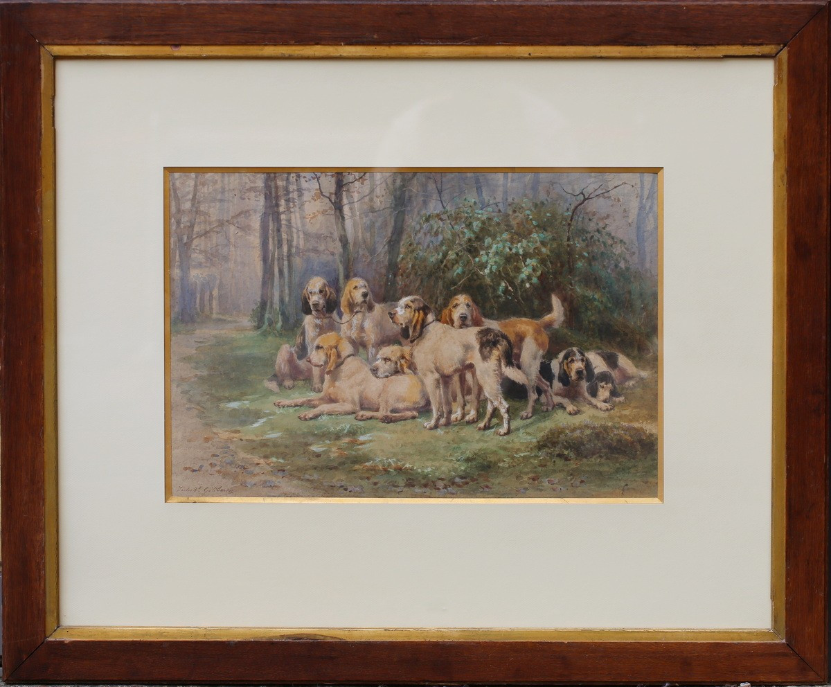 Jules Bertrand GELIBERT 1834-1916, meute de chiens au repos, aquarelle gouachée.-photo-2