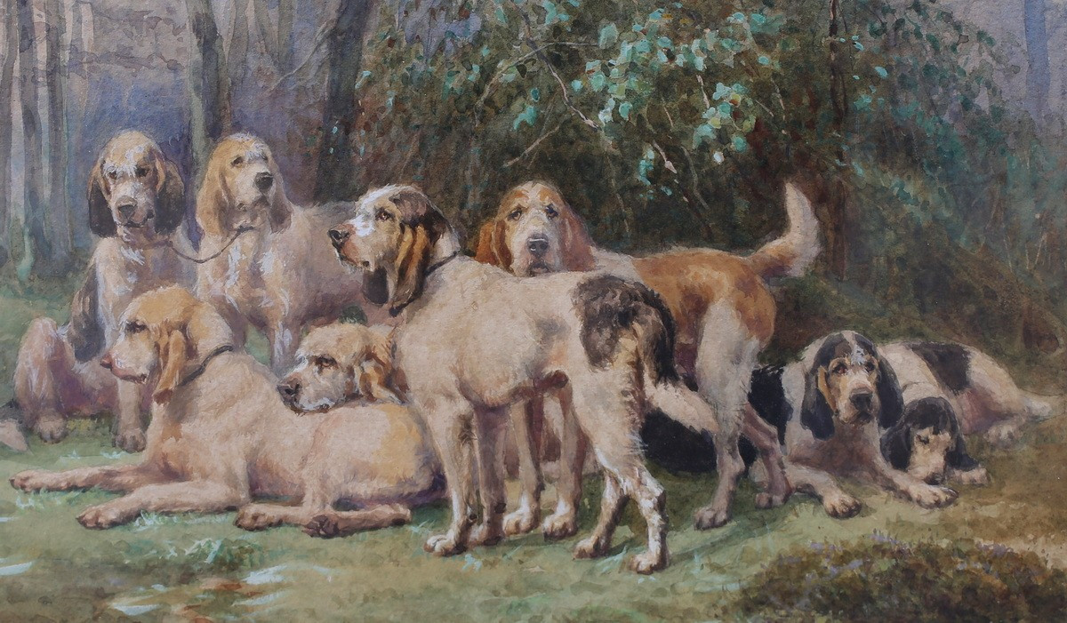 Jules Bertrand GELIBERT 1834-1916, meute de chiens au repos, aquarelle gouachée.-photo-3