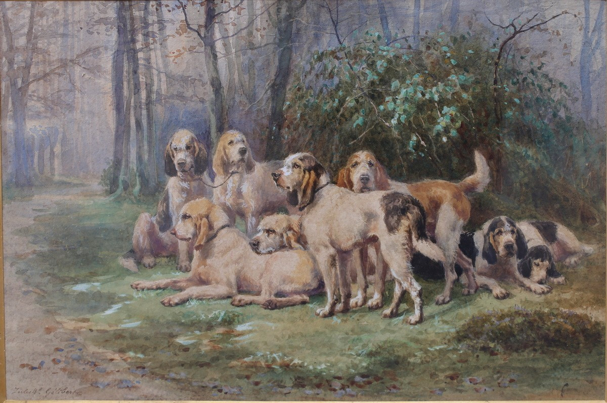 Jules Bertrand GELIBERT 1834-1916, meute de chiens au repos, aquarelle gouachée.