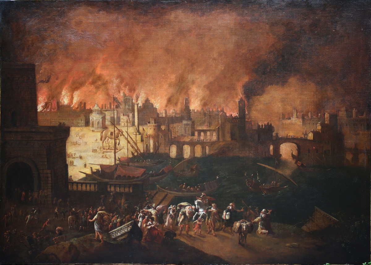 Ecole Napolitaine vers 1640 autour de Monsu desiderio, Troie ravagée par les flammes.