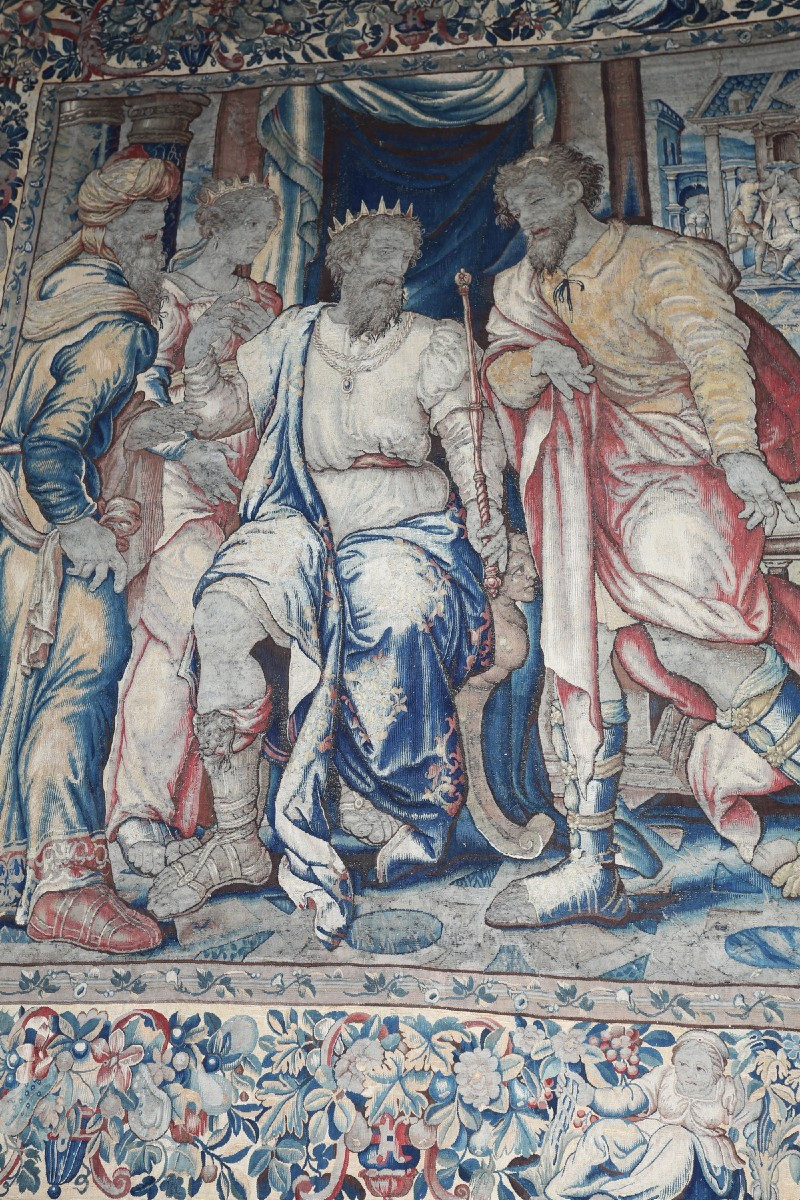 17th Century Flemish Tapestry Depicting A Biblical Scene Of King David Surrounded By Religious Figures.-photo-2