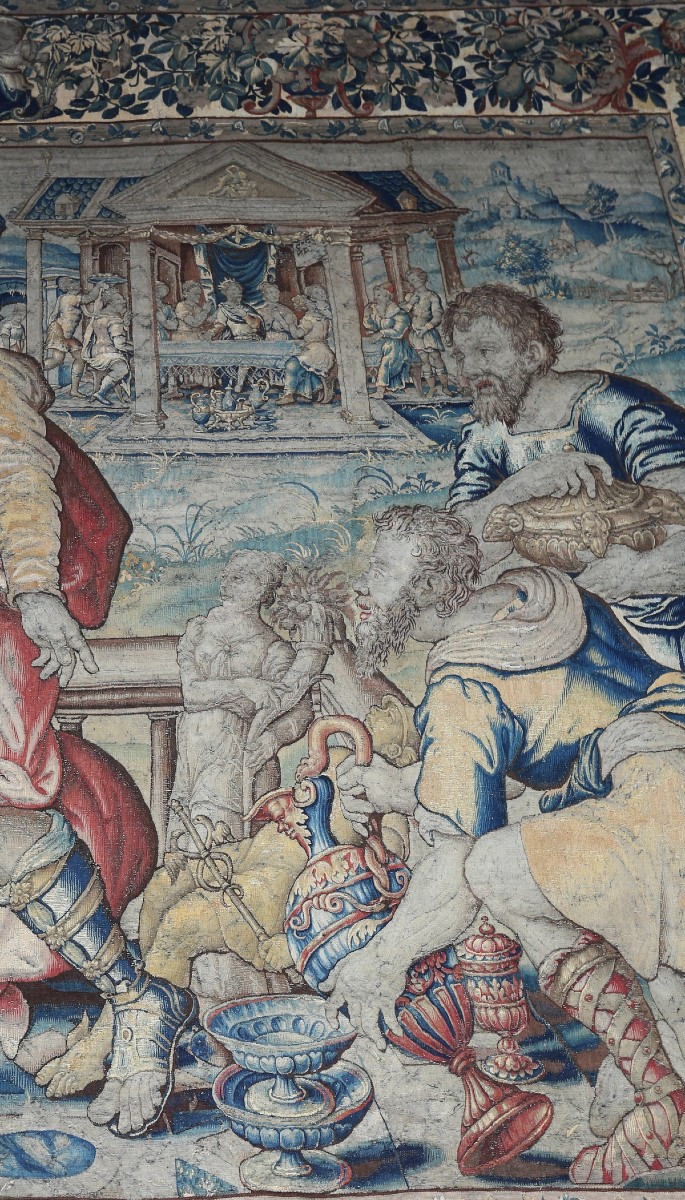 17th Century Flemish Tapestry Depicting A Biblical Scene Of King David Surrounded By Religious Figures.-photo-3