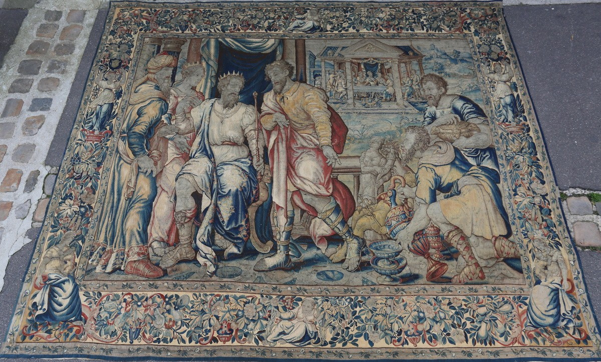 17th Century Flemish Tapestry Depicting A Biblical Scene Of King David Surrounded By Religious Figures.