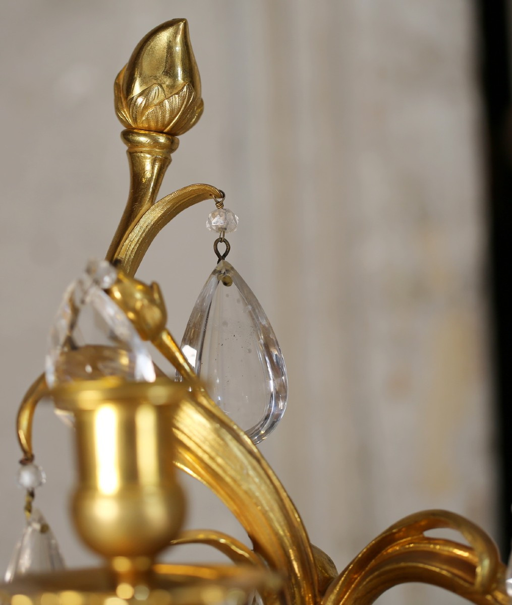 Paire de girandoles  de style Louis XV circa 1880, en bronze doré et  cristaux de roche.-photo-4