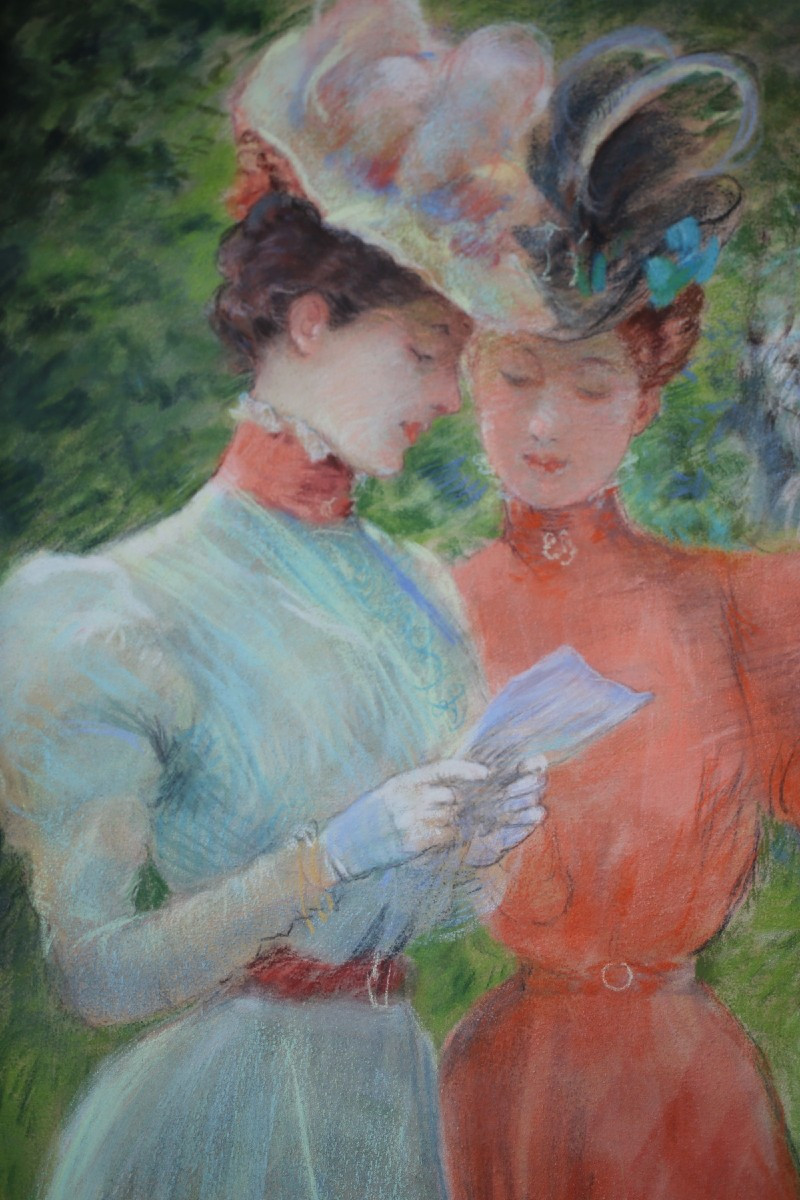 Ecole Française vers 1900, Elégantes aux courses, pastel .-photo-2