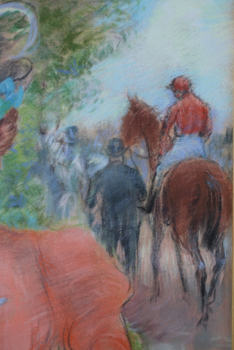 Ecole Française vers 1900, Elégantes aux courses, pastel .-photo-3