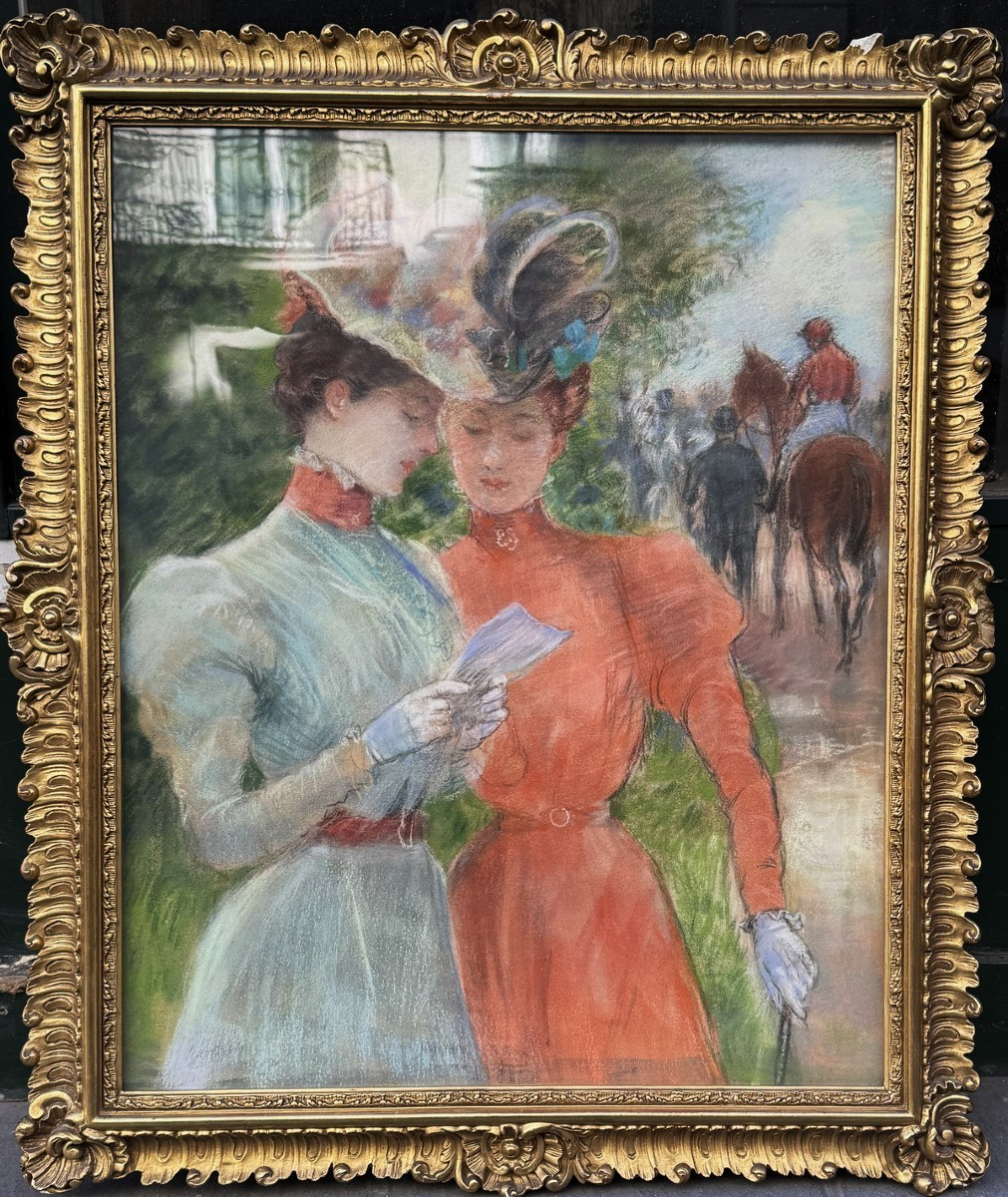 Ecole Française vers 1900, Elégantes aux courses, pastel .