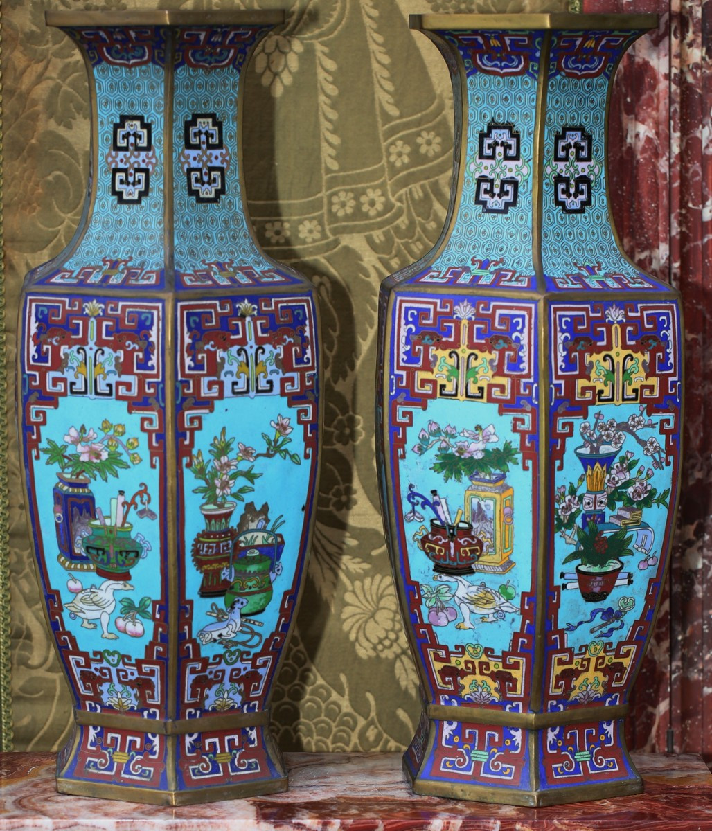 China, Late 19th Century, Pair Of Vases With Cut Sides, Decorated With Cloisonné Enamel Samples.-photo-2