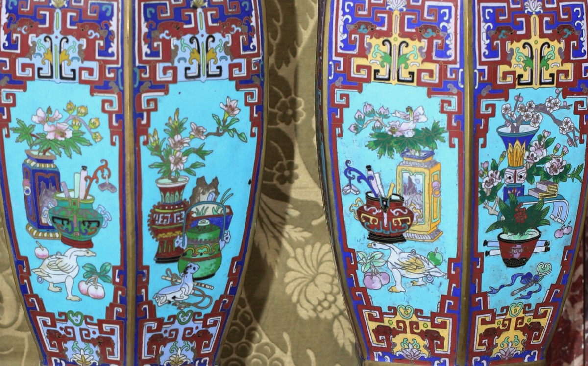 China, Late 19th Century, Pair Of Vases With Cut Sides, Decorated With Cloisonné Enamel Samples.-photo-4