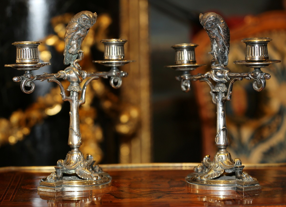 Charles De Marnyhac 1840-1897 1 Rue De La Paix Pair Of Owl Candlesticks-photo-2