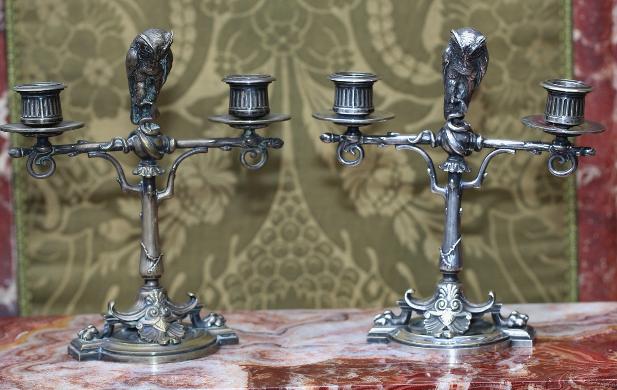 Charles De Marnyhac 1840-1897 1 Rue De La Paix Pair Of Owl Candlesticks-photo-3
