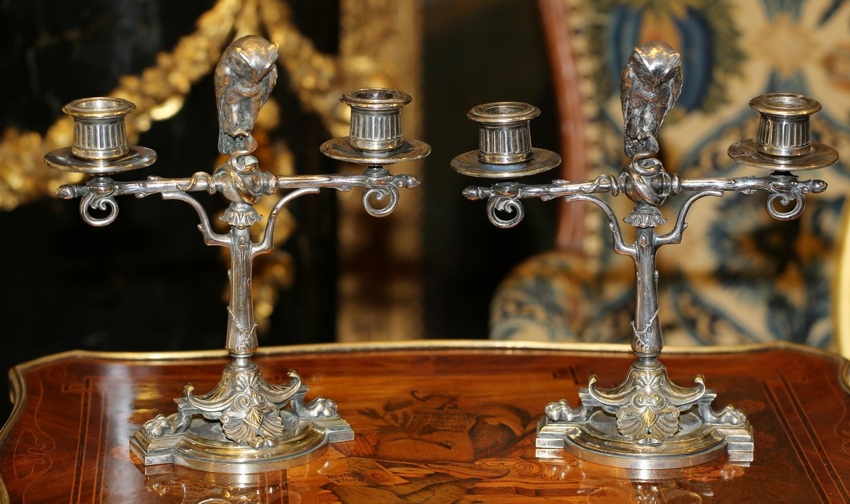 Charles De Marnyhac 1840-1897 1 Rue De La Paix Pair Of Owl Candlesticks