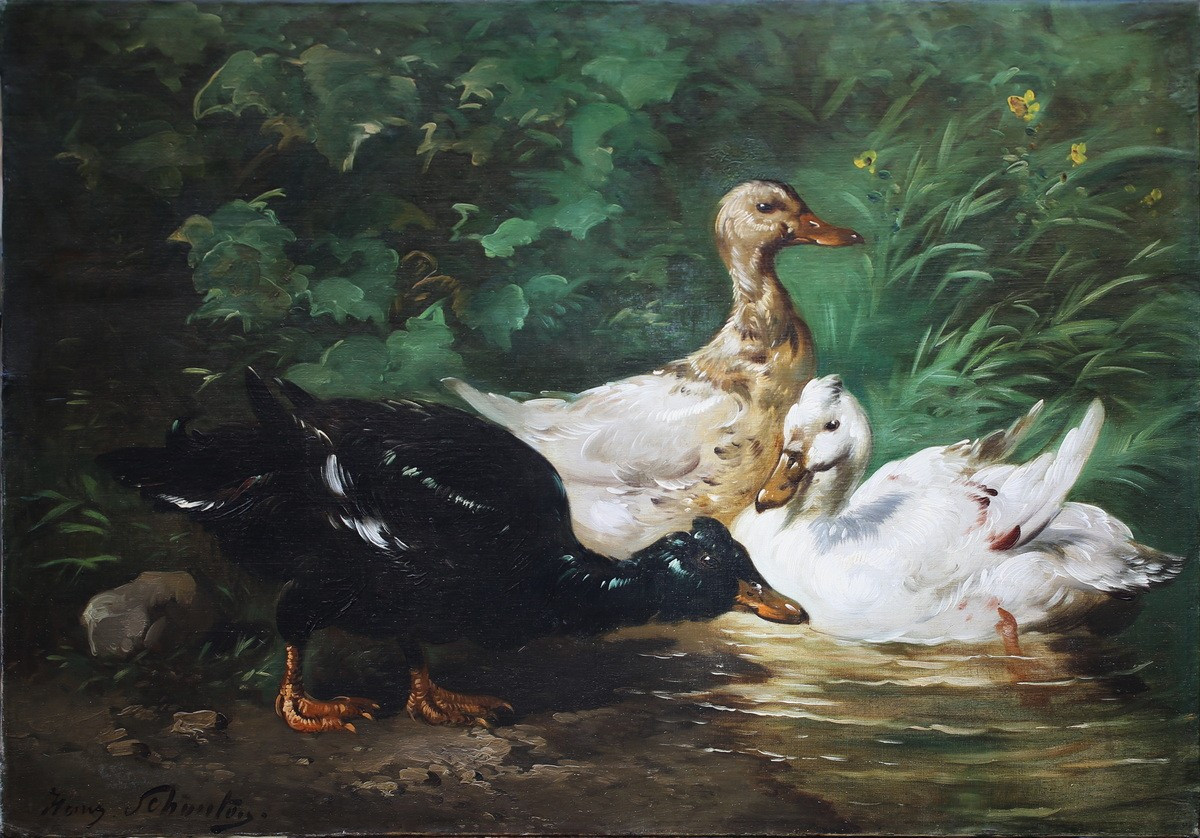 Henry Schouten (1860-1927), Ducks Frolicking In A Stream.-photo-2