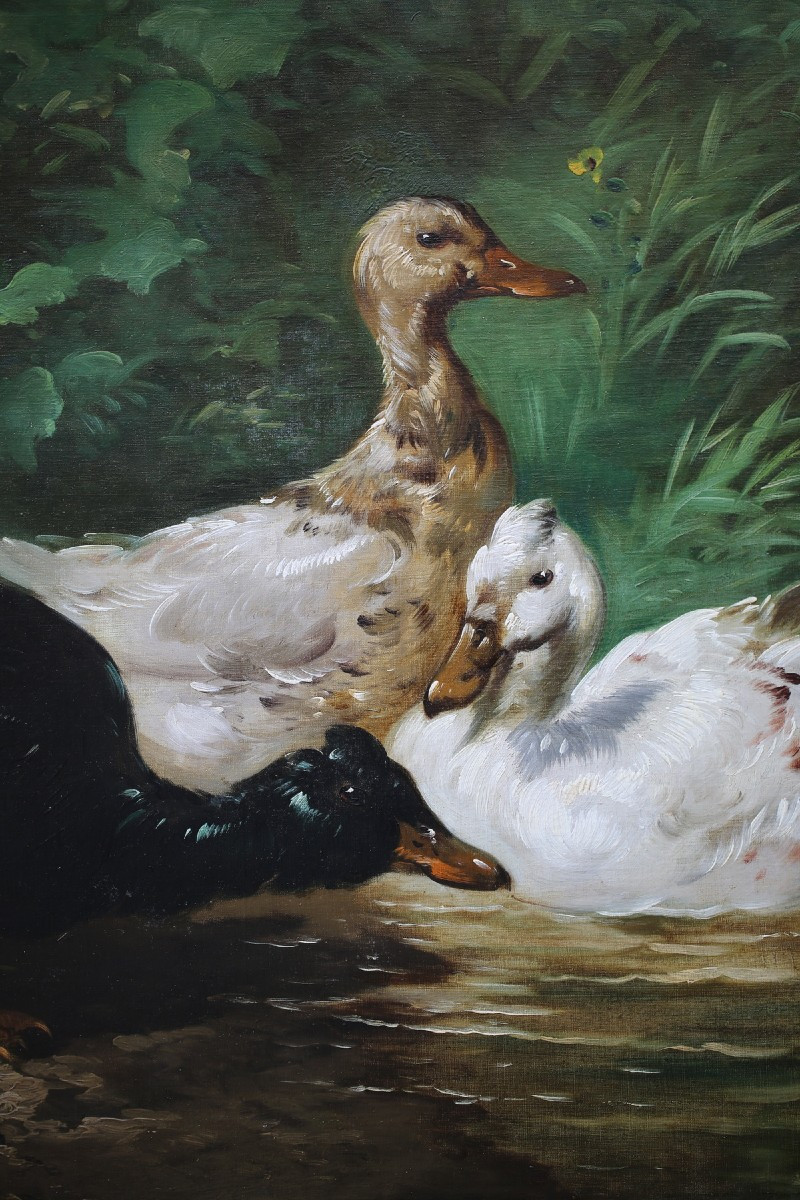 Henry Schouten (1860-1927), Ducks Frolicking In A Stream.-photo-3