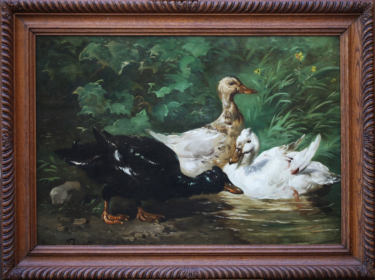 Henry Schouten (1860-1927), Ducks Frolicking In A Stream.