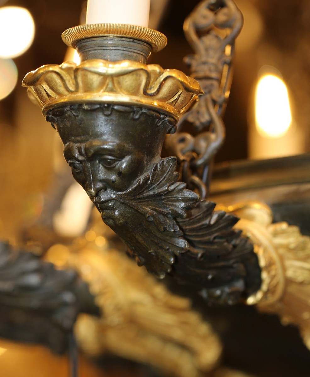 Empire Period Chandelier With 12 Lights In Gilt And Patinated Bronze.-photo-1