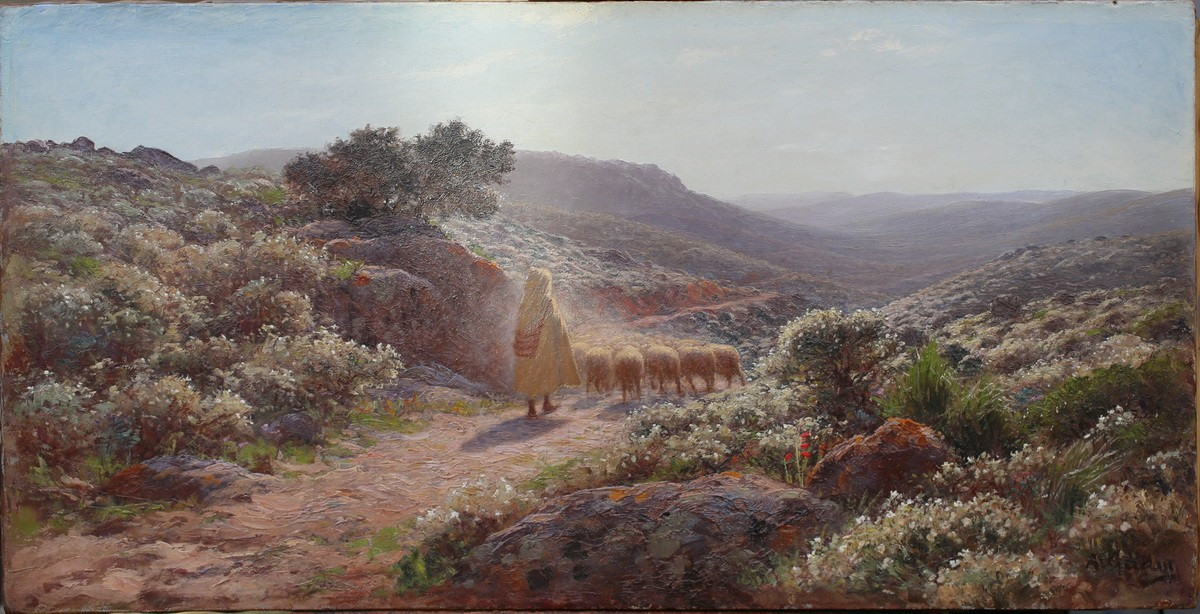 Antoine GADAN 1854-1934, berger et son troupeau au soleil couchant en algérie.-photo-2