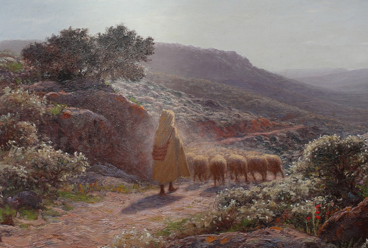 Antoine GADAN 1854-1934, berger et son troupeau au soleil couchant en algérie.-photo-3
