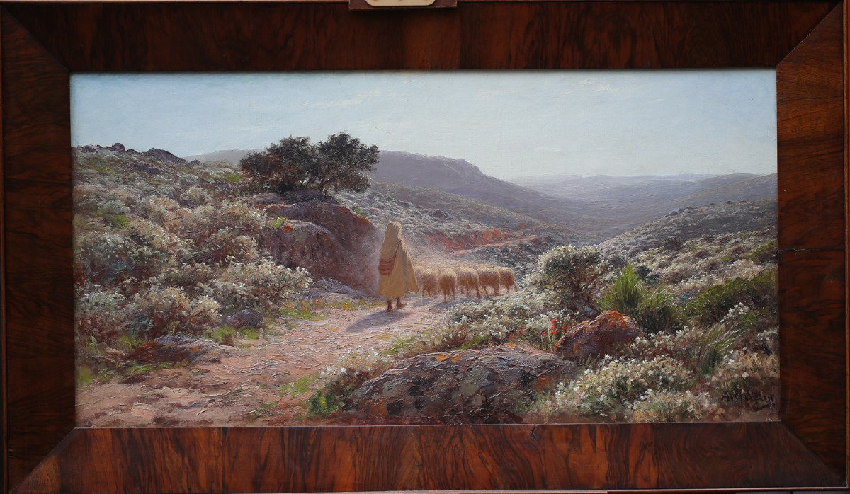 Antoine GADAN 1854-1934, berger et son troupeau au soleil couchant en algérie.