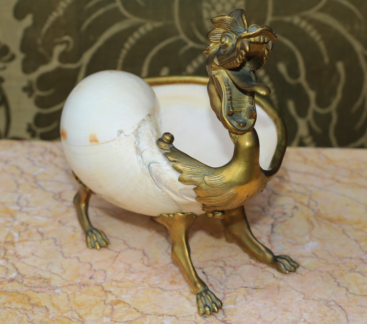 Large Trinket Dish, Zoomorphic Dragon, Seashell And Gilt Bronze, 19th Century-photo-3