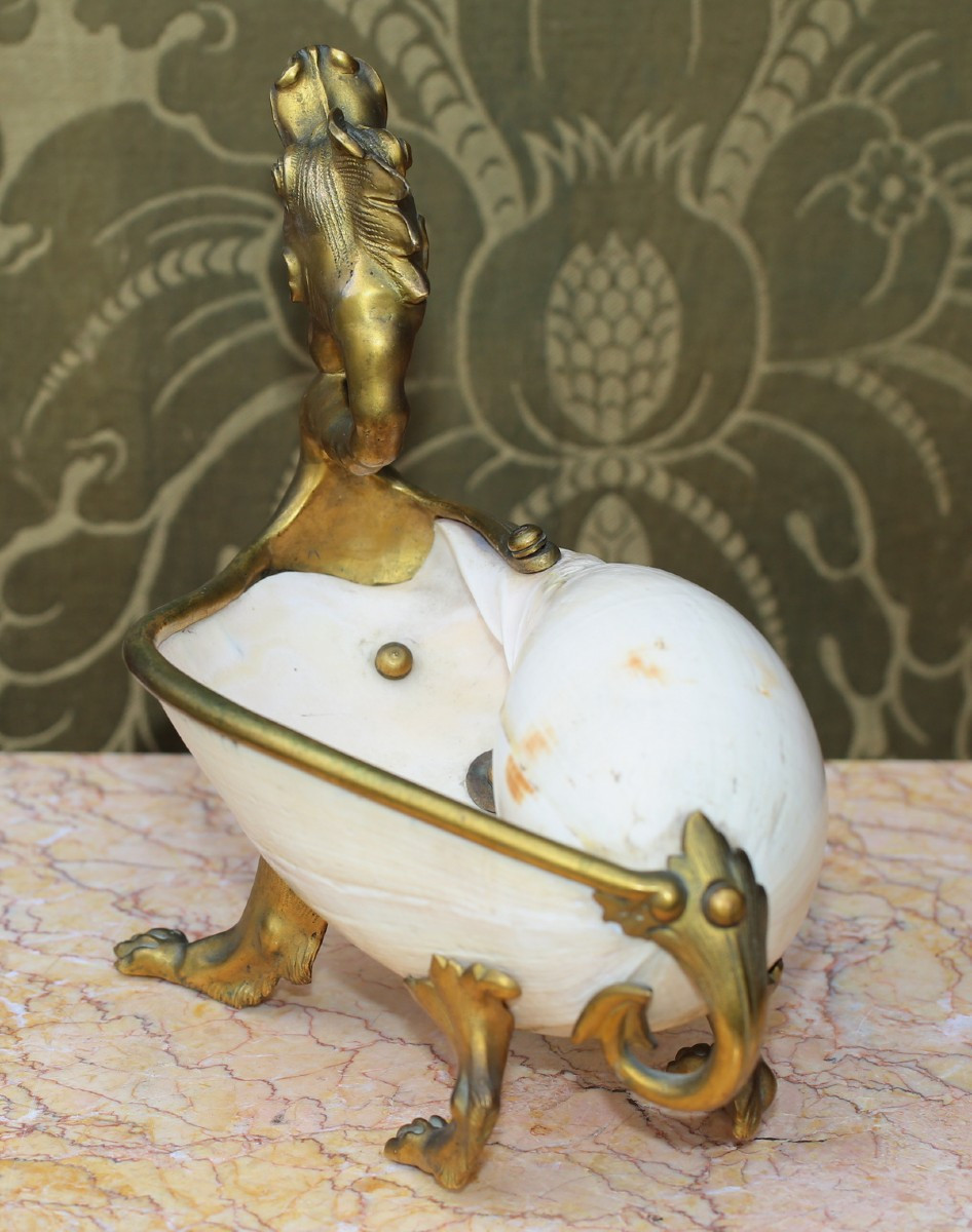 Large Trinket Dish, Zoomorphic Dragon, Seashell And Gilt Bronze, 19th Century-photo-4