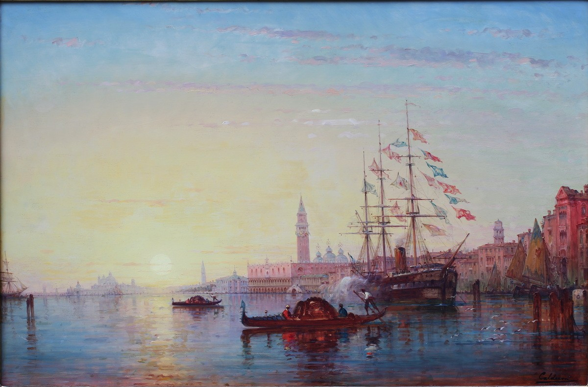 Charles Clément CALDERON 1870-1906, le grand canal à venise avec voilier pavoisé. -photo-2