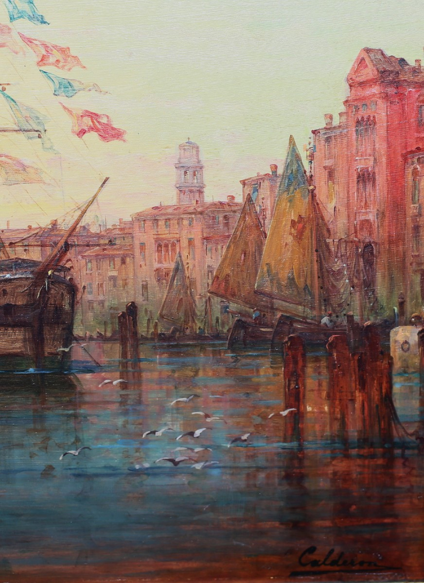 Charles Clément CALDERON 1870-1906, le grand canal à venise avec voilier pavoisé. -photo-3