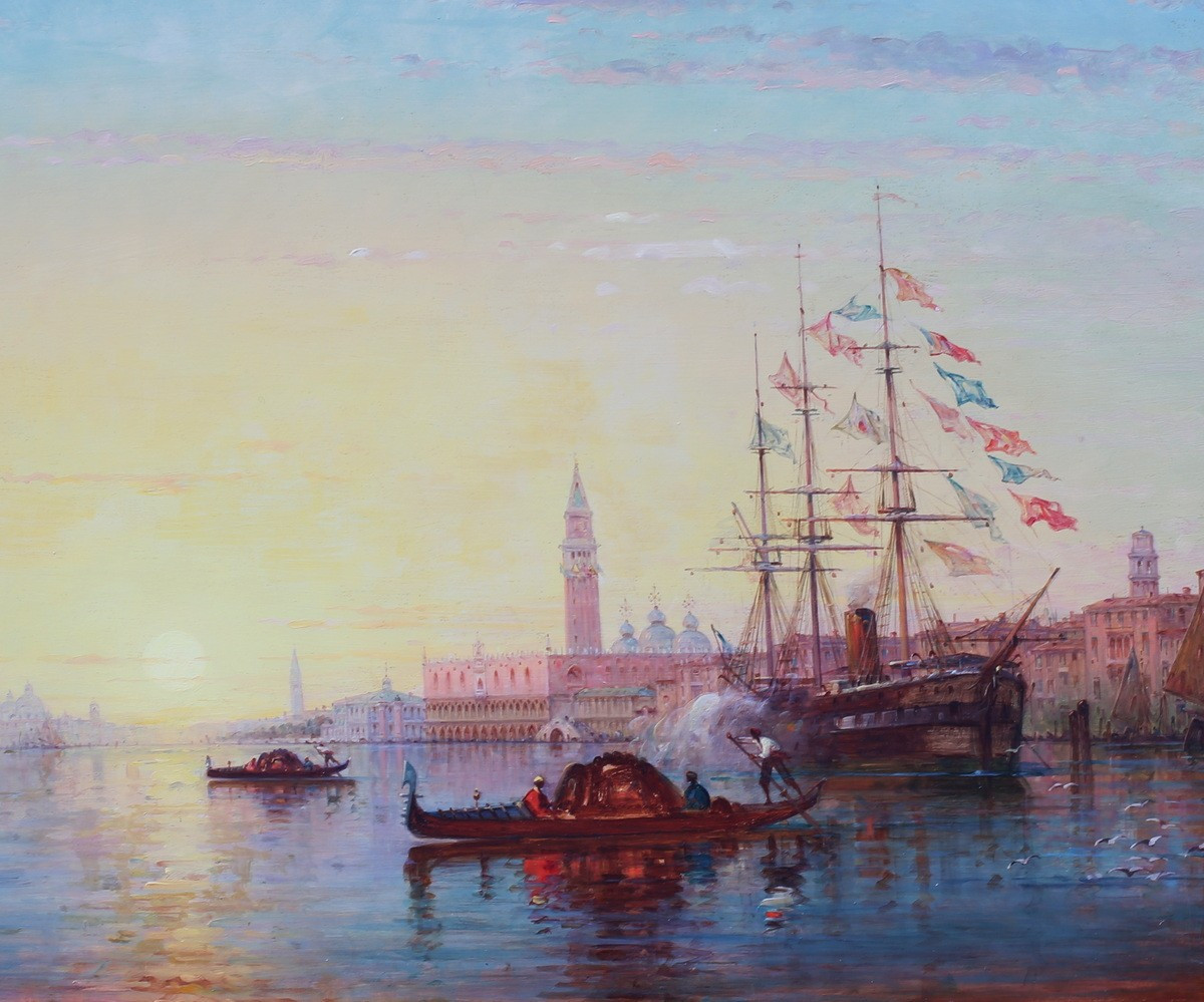 Charles Clément CALDERON 1870-1906, le grand canal à venise avec voilier pavoisé. -photo-1