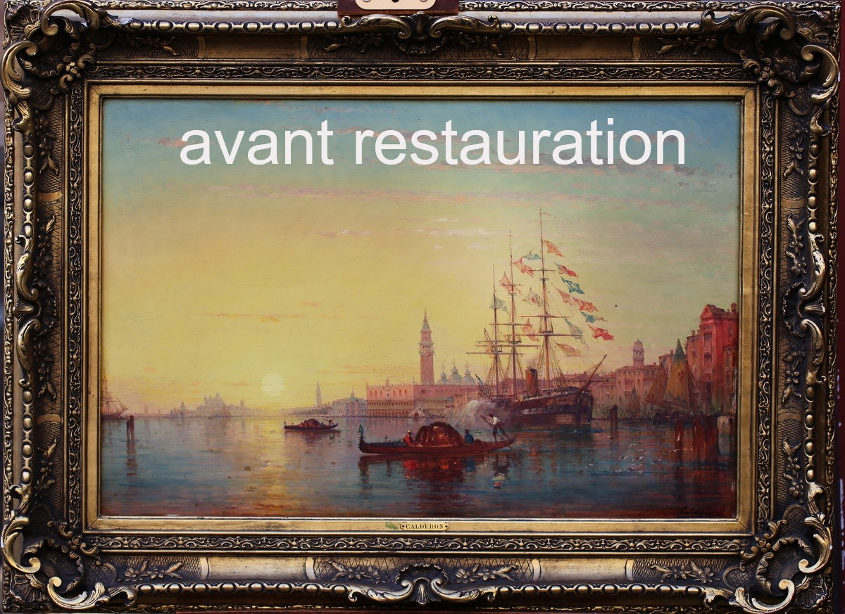 Charles Clément CALDERON 1870-1906, le grand canal à venise avec voilier pavoisé. -photo-2