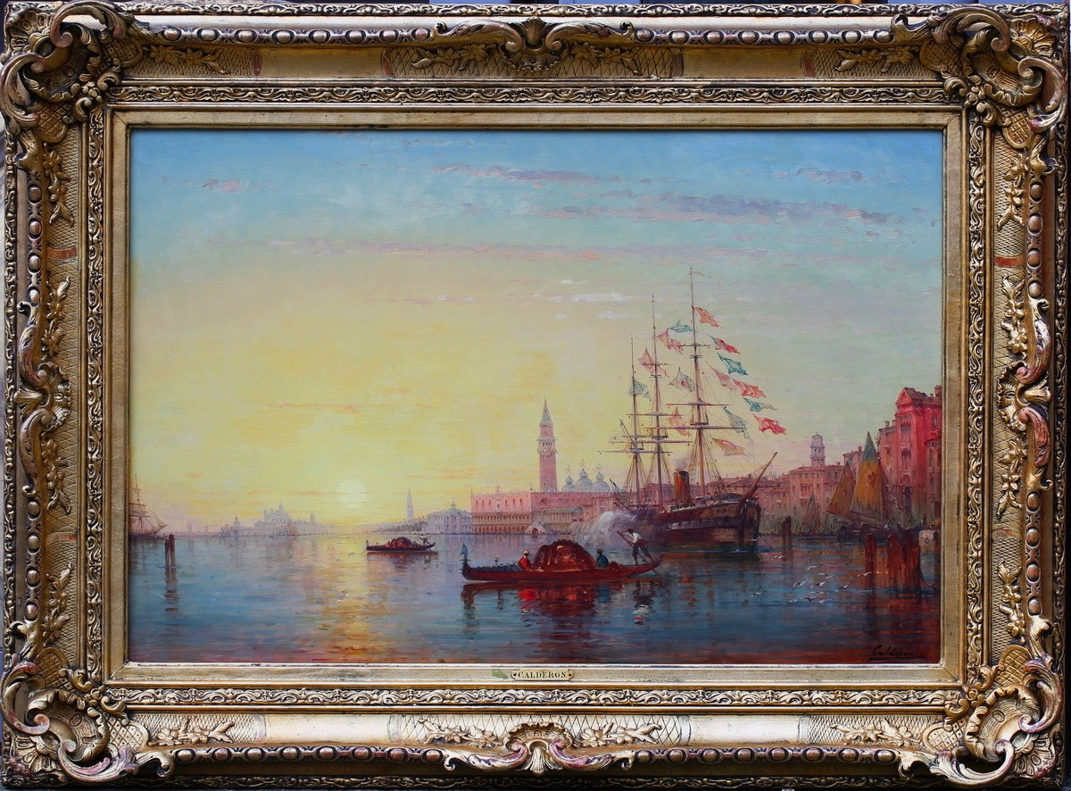 Charles Clément CALDERON 1870-1906, le grand canal à venise avec voilier pavoisé. 