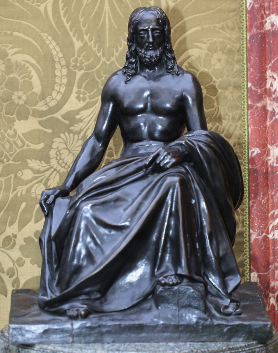 France XIXème, personnage assis philosophe ou Jesus, vétu d'un drapé sur les jambes, bronze.-photo-2