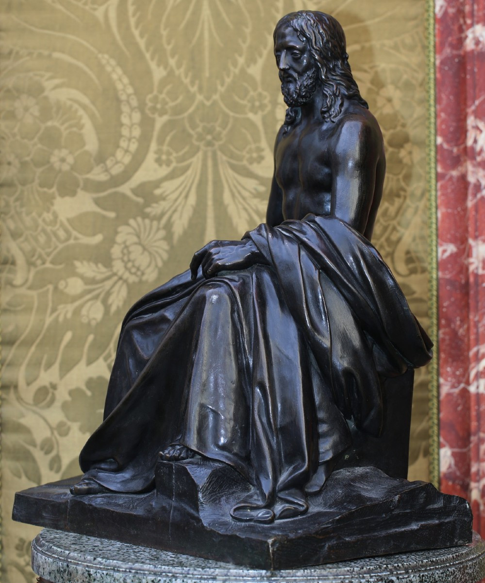 France XIXème, personnage assis philosophe ou Jesus, vétu d'un drapé sur les jambes, bronze.-photo-3